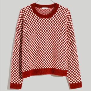 Red and White Madewell Checkerboard Jacquard Pullover Sweater in Medium